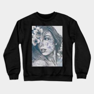 Mascara blue | woman face drawing with white flowers Crewneck Sweatshirt